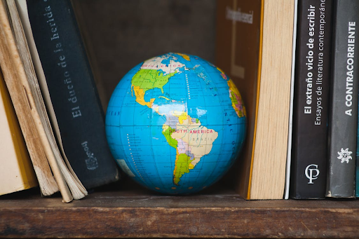 A small globe showing South America is wedged between various books on a wooden shelf.