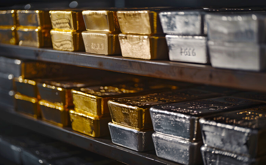 Gold and silver bullion bars stacked in vault storage highlighting precious metals demand, central bank gold buying, and safe-haven investment trends