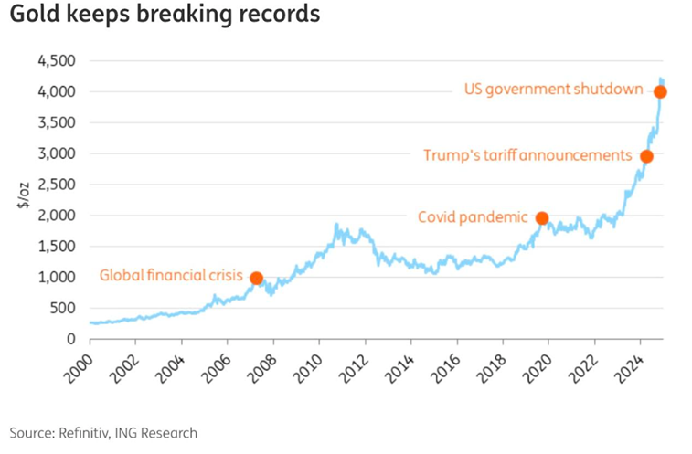 Gold price history chart showing record highs since 2000 driven by financial crises, inflation, geopolitics, and central bank demand