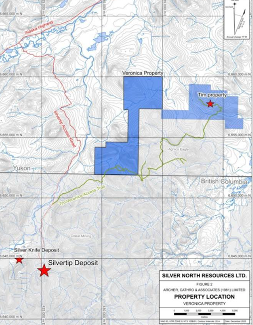 Property location map of Silver North's Veronica Project in southern Yukon, showing proximity to the Silvertip deposit and regional infrastructure