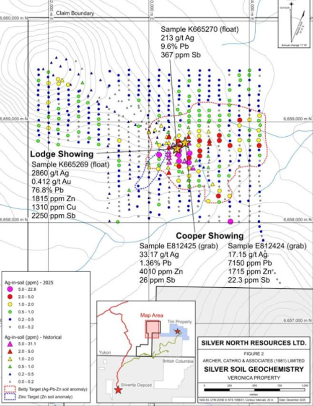 Silver soil geochemistry map at the Veronica Project highlighting Lodge and Cooper showings with high silver, lead, zinc, and antimony values