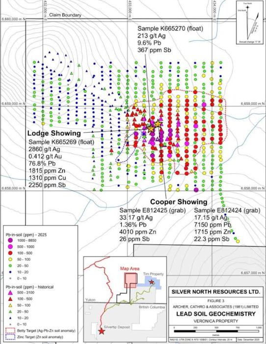 Lead soil geochemistry map from Silver North's Veronica Project showing strong lead anomalies associated with silver-rich mineralized zones