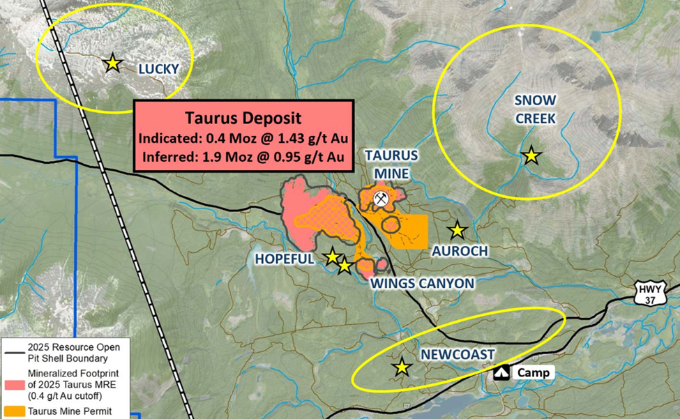 Regional map of Cassiar Gold's Taurus deposit showing indicated and inferred gold resources, nearby prospects, and exploration targets in northern British Columbia