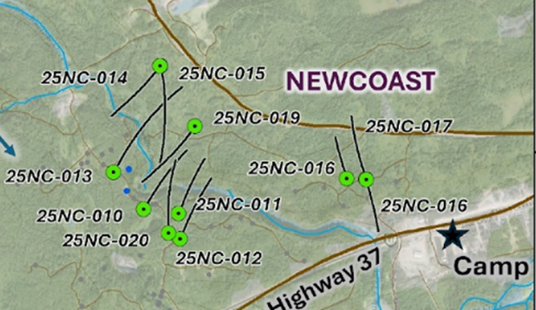 Newcoast prospect drill map highlighting 2025 diamond drill hole locations near Highway 37 at Cassiar Gold's Taurus project