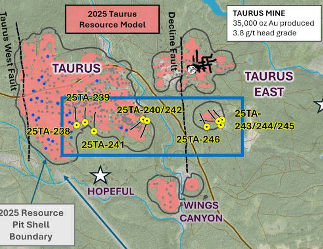 Taurus deposit resource and drill map showing 2025 pit shell boundary, gold mineralization footprint, and recent drill hole targets at Cassiar Gold