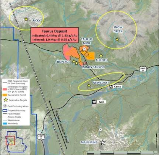 Overview map of Cassiar Gold's Taurus project highlighting deposits, prospects, infrastructure, and exploration upside across the Cassiar Gold property