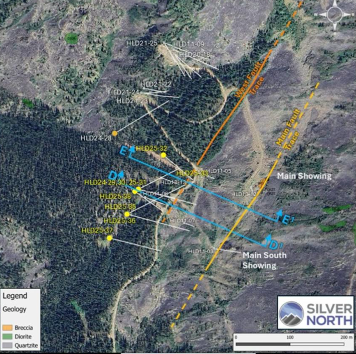 Aerial drill map of the Main Fault target at Silver North's Haldane Project, highlighting drill holes, fault traces, and high-grade silver zones in Yukon