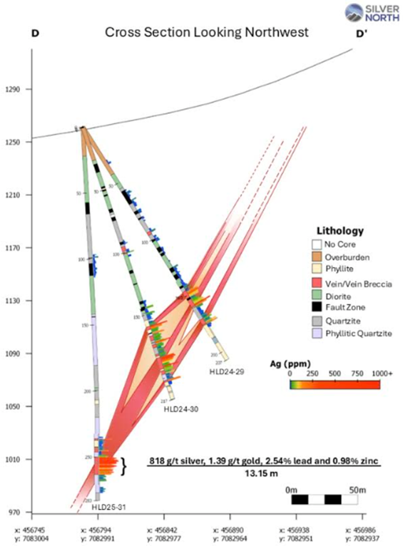 Geological cross section of the Main Fault at the Haldane Project showing high-grade silver intersections, vein breccia, and fault-controlled mineralization