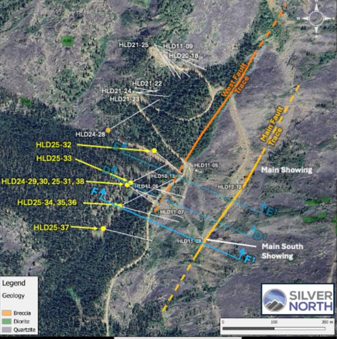 Drill hole and structural map of the Main and Main South showings at Silver North's Haldane Project within the Keno Hill Silver District