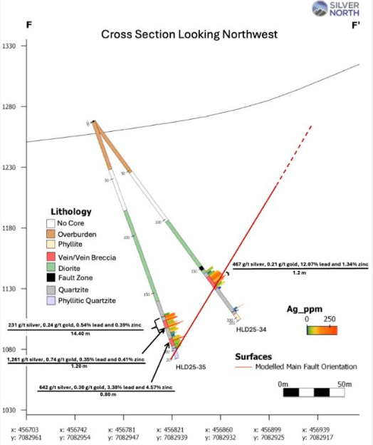 Detailed cross section highlighting high-grade silver intersections and fault geometry at Silver North's Main Fault discovery, Haldane Project