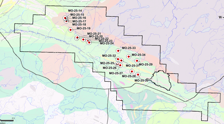 Harvest Gold Mosseau North property map showing completed diamond drill holes and northern and central exploration target areas in Quebec Abitibi Belt