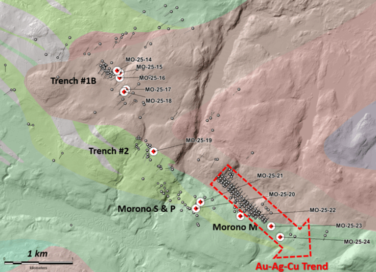 Geological map of Morono area showing Au-Ag-Cu mineralization trend and recent Harvest Gold drill holes at Mosseau North Abitibi Quebec