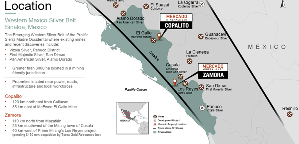 Copalito Project drilling map highlighting historical diamond drill holes and vein strike coverage at Mercado Minerals' silver-gold project in Mexico