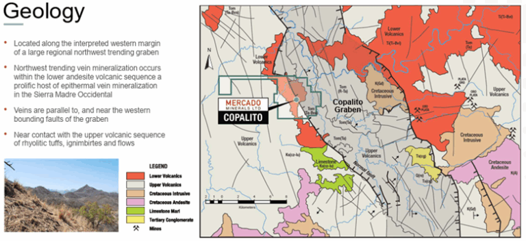 Rock geochemistry map of the Copalito Project showing silver assay results and vein trace targets across Mercado Minerals' exploration area