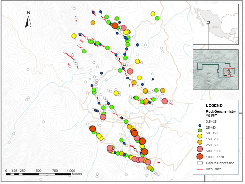 Geological map of Mercado Minerals' Copalito Project illustrating epithermal vein systems within the Sierra Madre Occidental silver belt