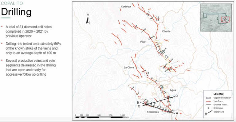 Location map of Mercado Minerals' Copalito and Zamora projects within the Western Mexico Silver Belt near producing silver mines