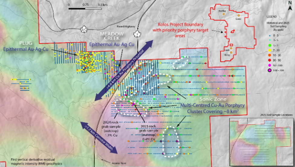 Soil geochemistry map of Sonic Zone copper gold anomaly covering 8 square kilometers
