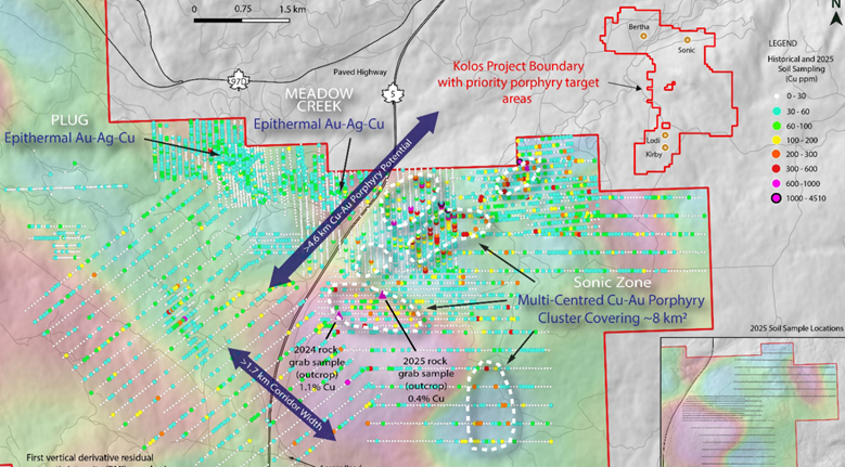 Kolos highlights map showing four copper gold porphyry targets near major BC mines